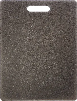 A dark gray cutting board with a handle cutout at the top.