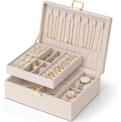 Produktbild von Schmuckkästchen 2 Ebenen Kunstleder Beige-Rosa für Ringe Ohrringe Halsketten Uhren