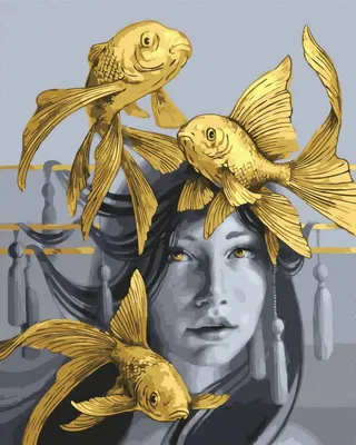 Immagine prodotto di Oh Art! Quadro pittura per numeri donna con pesce rosso 50x40 cm tela con cornice dorata pittura acrilica pennello set adulti bambini fai da te
