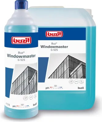 A bottle and a larger container of Buzil Windowmaster G 525 cleaning fluid are shown against a white background.
