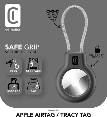 Immagine prodotto di Cellularline Safe Grip Custodia rigida ultra-resistente per AirTag e Tracy Tag con cavo metallico e chiave di sicurezza. Ideale per fissaggio su oggetti in movimento come zaini, bici e valigie.