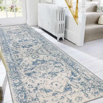 Immagine prodotto di Tappeto corridoio antiscivolo, 80x300 cm, lavabile, stile vintage, blu, in microfibra