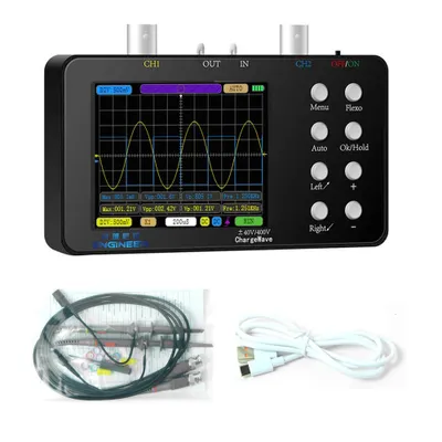 A digital oscilloscope and its accessories are displayed against a white background.