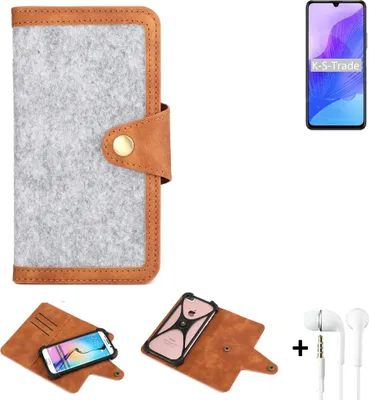Produktbild von K-S-Trade Handyhülle + Kopfhörer kompatibel mit Huawei Honor 30 Lite Schutzhülle Filz Hülle Kunstleder hellgrau braun (1x)