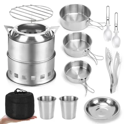 Immagine prodotto di Set da cucina da campeggio in acciaio inossidabile 304, composto da 11 pezzi, con forno a legna, ideale per cucinare all'aperto. Set di pentole e padelle leggero e compatto, perfetto per campeggio, escursioni e trekking
