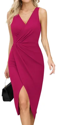 Image de Robe de cocktail pour femmes - Sans manches, avec décolleté en V et fente - Rose