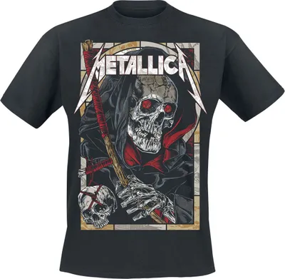A black t-shirt with a graphic print of a grim reaper and the Metallica logo.