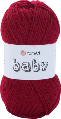 A ball of dark red yarn with a white label.