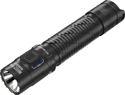 A black Nitecore MH12 Pro flashlight is shown on a white background.