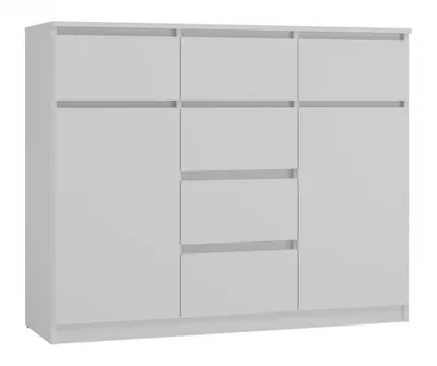 A white dresser with six drawers and two doors, shown from a three-quarter angle against a white background.