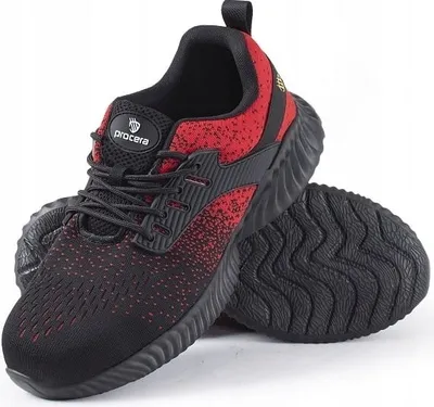 A pair of black and red work shoes are shown against a white background.