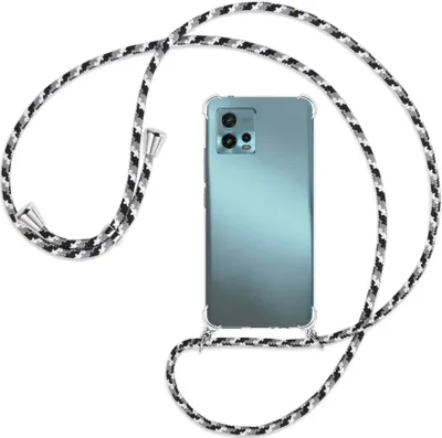 Produktbild von Handykette Backcover-Schutzhülle mit Band (Metall silberfarben) für Motorola Moto G72 (6.55'') - schwarz/grau/weiß
