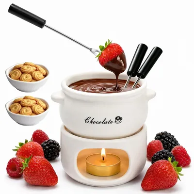 Fondue-Set aus Keramik für Schokolade, 4 Gabeln, 2 Teller