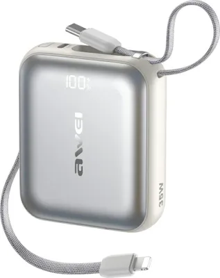 Zdjęcie produktu dla Powerbank Awei As-181 10000Mah 35W Usb-C + Kable Lightning/Usb-C Srebrny