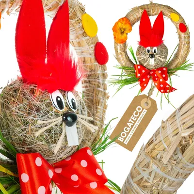 Produktbild von Osterkranz mit Hase aus Stroh 25cm | dekorativer Türkranz mit Aufhänger | natürliche Osterdekoration zum Aufhängen Tür | handgefertigt