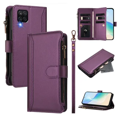 Image de Étui pour Samsung Galaxy A12, étui à fermeture éclair en cuirPolyuréthaneavec pochettes pour cartes, support et boucle pour les mains Violet