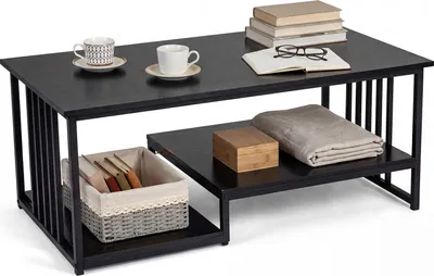 Image de Table basse COSTWAY, table rectangulaire avec 2 tablettes et structure métallique, table d'appoint, table basse et table d'appoint, 110 x 60 x 45 cm, noir