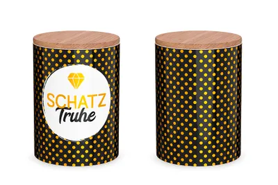 Produktbild von La Vida Vorratsdose Schatztruhe Punkte Diamant Porzellan mit Bambusdeckel schwarz gold 11x16cm