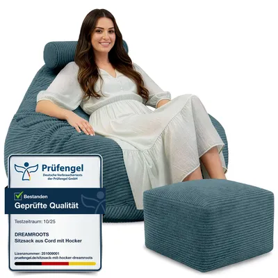 Immagine prodotto di Dreamroots Bean Bag 90x90x100 cm Beanbag con schienale e sgabello e fodera Cuscino per sedile Cuscino da pavimento Bubibag Beanbag con imbottitura, Ocean Depths