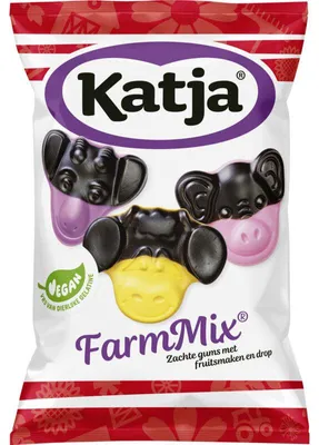 Produktbild von Katja - Katja Farm Mix snoep, mix van 3 zachte fruitgums met zoete drop, zak van 255 g