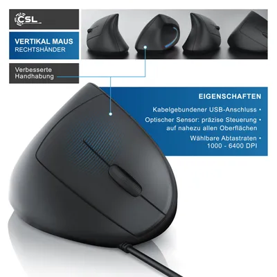 Productafbeelding van CSL - Optische muis, bedraad, 6400 DPI - verticaal ontwerp - ergonomisch