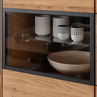 Produktbild von Wohnzimmer Highboard mit 153 cm Breite in Eiche teilmassiv mit 3 Glasrahmentüren & 3 Holztüren - AVESTA-06