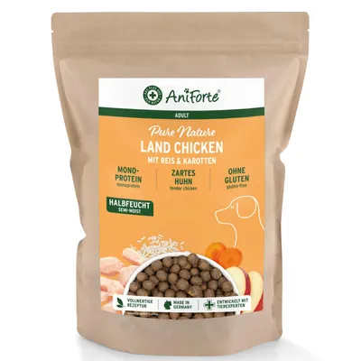 Produktbild von AniForte Huhn Trockenfutter für Hunde 2kg – Zartes Huhn mit Reis, Möhren & Vitamine, Halbfeuchtes Trockenfutter glutenfrei, Hundefutter trocken