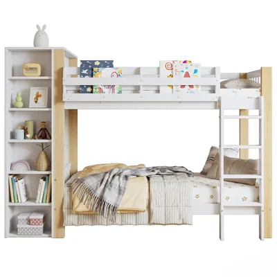 Produktbild von Etagenbett mit 2 Liegeflächen und Lattenrost, 90x200 cm, Kinderbett mit Regal, Kleiderschrank und Rausfallschutz, Kiefer