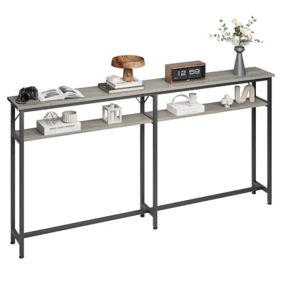 Produktbild von 180 cm Extra langer Konsolentisch 2-stufiger grauer Beistelltisch mit Stauraum schmaler Sofatisch für den Eingangsbereich, Flur, Foyer grau