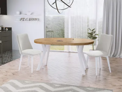 Produktbild von Designer Runder Ausziehbarer Esstisch - Loft-Stil, Industriell, Platzsparend - Weiße Beine - 100 bis 150 cm - für 5-8 Personen - Hergestellt in Polen - Wotan Eiche - 150 cm