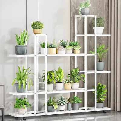 Produktbild von Pflanzenständer & Blumenregal - Eckmodell mit 6 Ebenen - Metall - Für Balkon & Innen - Platzsparend - Für Blumentöpfe & Sukkulenten - Weiß