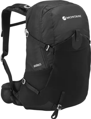 Schwarzer Multifunktionsrucksack "AZOTE 25" von Montane; mit verstellbaren Trägern und mehreren Fächern.