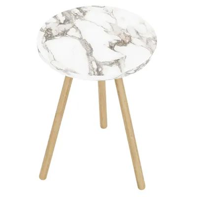 A small, round side table with a marble-like top and three wooden legs, isolated on a white background.