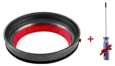 A black ring with a red inner lining and a screwdriver with a blue handle and red ribbon are shown against a white background.