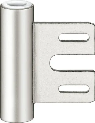 A close-up studio shot of a metal door hinge component.