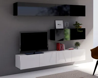 Produktbild von Wohnwand Amanda V, Wohnzimmer-Set, Moderne Anbauwand, Schrankwand, Mediawand (Schwarz + Schwarz Hochglanz / Weiß + Weiß Hochglanz)