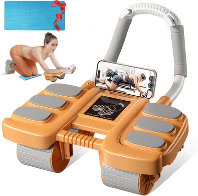 Produktbild von Bauchtrainer, Ab Roller Wheel für Core Trainer, Automatisches Rebound Bauchrad mit Ellenbogenstütze, 4-Rad Bauchmuskeltrainer mit Handyhalter, Orange