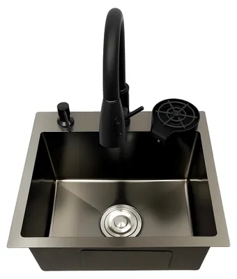 Produktbild von Küchenspüle, Ausziehbarer Wasserhahn, Seifenspender, schwarz