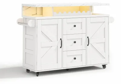 Image de Îlot de cuisine mobile - Chariot de cuisine - Dimensions : 120 x 42–60 x 93 cm - Plan de travail rabattable - 5 roulettes - Étagère de porte - Rangement à vin et porte-verres - Blanc