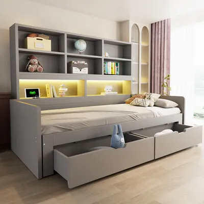 Productafbeelding van Merax dagbed/slaapbank, 90/180x200 cm, met uitschuifbed, houten bed met LED-verlichting en lades, kinderbed met stopcontacten en een hoofdeinde met plank, grijs