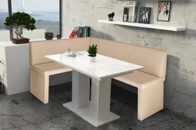 Produktbild von Eckbankgruppe 168x128 cm ROBIN R Creme / Esstisch DANTE Weiss HGL