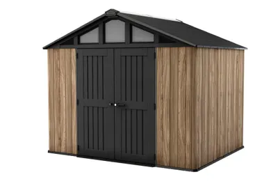 Produktbild von Keter Summit Gartenhaus 10×8 – Stahlverstärkt – DecoCoat Eichenholzoptik – 305×243×251 cm – Wetterfest, abschließbar – Premium Outdoor Stauraum