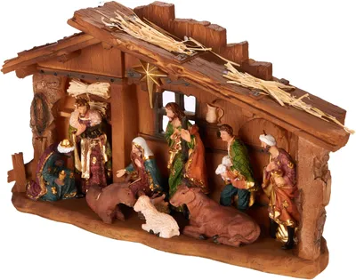 Produktbild von Weihnachtskrippe 40 cm mit handbemalten Figuren Jesus Maria Josef