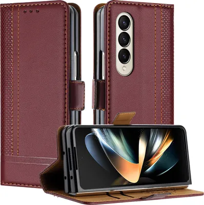 Produktbild von Handyhülle für Samsung Galaxy Z Fold 4 5G Leder Flip Klappbare Schutzhülle mit Standfunktion Dunkelrot
