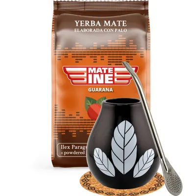 Produktbild von MATEINE Yerba Mate-Tee Set - Yerba Mate Mateine Guarana 500g, Keramik mate-tee tasse Hoja Black 350ml. Bombilla 19cm - Paraguayische Yerba Mate Tee