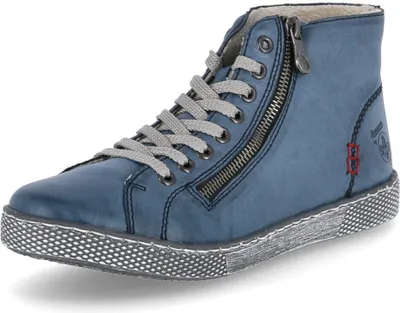 A single blue high-top sneaker with laces and a side zipper, shown from a side-front angle on a white background.