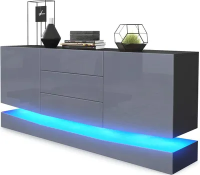 Produktbild von Vladon Sideboard City,  Germany, Schwarz matt/Grau Hochglanz inkl. LED - Moderne Kommode für Ihr Wohnbereich (178 x 72 x 38 cm)