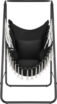 Produktbild von Tectake Hängesessel Alison, schwarz, 85x100x154,5 cm, 160 kg Belastbarkeit, für Indoor & Outdoor, mit pulverbeschichtetem Stahlgestell, superdicken Sitz- & Rückenkissen aus Baumwoll-Polyester-Mischgewebe, 2 Seitenkissen, großem Seitenfach und Boho-Zierquasten