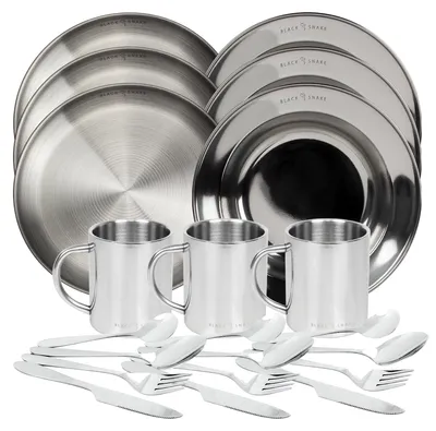 Produktbild von Camping Geschirr Set Edelstahl 3 Personen Teller Tassen Besteck Outdoor