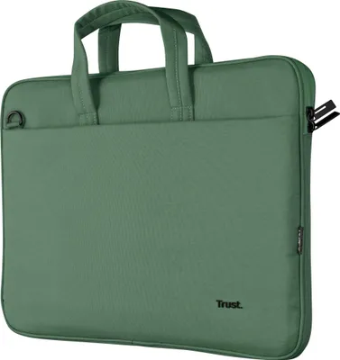 Produktbild von Trust Laptoptasche Bologna Eco Slim, grün, bis 16 Zoll, Umhängetasche mit Schultergurt, aus 11 recycelten PET-Flaschen, extrem weiche Mikrofaserpolsterung, für Reise, Business, Büro & Schule